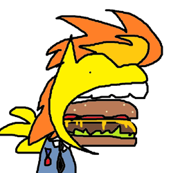 Size: 926x939 | Tagged: safe, artist:vaporammy, spitfire, pegasus, pony, g4, burger, cheeseburger, clothes, female, food, hamburger, low effort, mare, meme, ms paint, necktie, open mouth, simple background, solo, suit, teeth, white background, wings