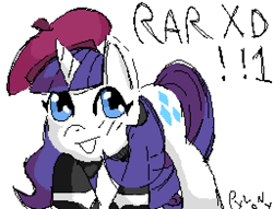 Size: 1024x784 | Tagged: safe, artist:pylony, rarity, unicorn, g4, alternate hairstyle, beatnik rarity, beret, blushing, clothes, female, hat, horn, pixel-crisp art, simple background, solo, sweater, white background