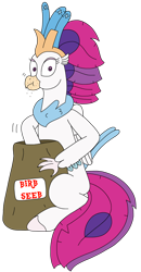 Size: 1652x3180 | Tagged: safe, artist:supahdonarudo, queen novo, classical hippogriff, hippogriff, series:novoember, g4, bag, crumbs, eating, hippogriffs doing bird things, redraw, simple background, sitting, transparent background