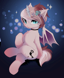 Size: 3132x3809 | Tagged: safe, alternate character, alternate version, artist:empress-twilight, oc, oc only, oc:marshmallow creme, alicorn, bat pony, bat pony alicorn, pony, bat wings, belly, belly button, cheek fluff, chest fluff, commission, crossed hooves, crossed legs, ear fluff, ear tufts, eye clipping through hair, eyebrows, eyebrows visible through hair, female, horn, looking at you, mare, sitting, slit pupils, smiling, smiling at you, solo, sparkles, tail, wings, ych result