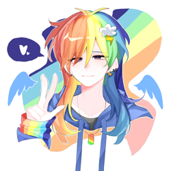 Size: 1000x1000 | Tagged: safe, artist:shilajiyuzhi, rainbow dash, human, g4, bust, ear piercing, humanized, piercing, simple background, solo, white background, wings