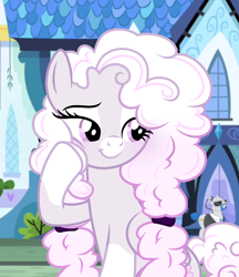 Size: 1220x1411 | Tagged: safe, artist:cstrawberrymilk, lockdown, oc, oc:softcloud, earth pony, pony, for whom the sweetie belle toils, g4, my little pony: friendship is magic, art trade, base used, blushing, bouncer, canterlot, coat markings, curly mane, curly tail, duo, duo male and female, earth pony oc, eye markings, facial markings, female, female oc, gray coat, long mane, looking away, looking back, male, mare, mare oc, outdoors, pale coat, pigtails, raised hoof, screencap background, smiling, snip (coat marking), socks (coat markings), solo focus, tail, tied mane