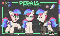 Size: 3404x2048 | Tagged: safe, artist:pedalspony, oc, oc only, oc:pedals, pegasus, pony, anklet, bloodshot eyes, border, chalk, choker, clothes, color palette, colored hooves, colored wings, cutie mark, dock, dock piercing, double helix piercing, drugs, ear piercing, ear tufts, excited, eyebrow slit, eyebrows, eyebrows visible through hair, feather, female, folded wings, freckles, glasses, grin, helix piercing, hoodie, hoof heart, hooves, industrial piercing, jewelry, joint, looking at you, mare, marijuana, marijuana leaf, mixed pronouns, multicolored wings, neopronouns, not impressed, not zipp storm, open mouth, open smile, outfit, passepartout, piercing, pride, pride flag, raised hoof, reference sheet, shoes, skateboard, smiling, sneakers, solo, solo transgender, sunglasses, tail, tail piercing, teeth, three toned mane, tongue piercing, trans female, transgender, transgender pride flag, underhoof, wings