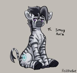 Size: 1390x1323 | Tagged: safe, artist:reddthebat, oc, oc only, oc:zerø, zebra, chest fluff, gray background, lidded eyes, male, signature, simple background, sitting, smiling, solo, stallion, zebra oc