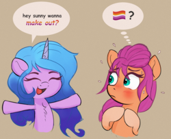 Size: 3372x2744 | Tagged: safe, artist:psfmer, izzy moonbow, sunny starscout, earth pony, pony, unicorn, g5, chest fluff, coat markings, dialogue, duo, duo female, english, female, gay panic, gradient mane, hooves together, horn, lesbian, lesbian pride flag, long mane, mare, pride, pride flag, ship:moonscout, shipping, socks (coat markings), speech bubble, talking, textured background, thought bubble