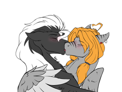 Size: 4000x3000 | Tagged: safe, artist:monolith_skyline, oc, oc only, oc:goya nova, oc:monolith_skyline, pegasus, pony, blonde, blushing, duo, ear fluff, eye clipping through hair, eyes closed, female, female oc, gray skin, hug, kissing, male, male oc, mare, mare oc, pegasus oc, shipping, simple background, stallion, stallion oc, winghug, wings