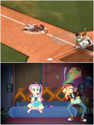 Size: 1500x1999 | Tagged: safe, edit, edited screencap, screencap, fluttershy, sunset shimmer, equestria girls, g4, angelina (baseball clash), baseball clash, converse, game, gamer sunset, ruth (baseball clash), shoes