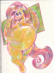 Size: 1331x1813 | Tagged: safe, artist:breakersunny, fluttershy, pegasus, pony, g4, belly, big belly, blushing, colored pencil drawing, female, mare, marker drawing, pregnant, solo, tail, traditional art