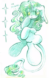 Size: 1947x3072 | Tagged: safe, artist:larvaecandy, rarity, pony, unicorn, g4, alternate color palette, alternate design, alternate hairstyle, alternate mane color, alternate tail color, alternate tailstyle, big eyes, big hooves, blunt, coat markings, colored eyelashes, colored pencil drawing, darling, dialogue, drugs, ear fluff, eyelashes, facial markings, female, floppy ears, frown, green eyelashes, green eyes, green mane, green sclera, green tail, green text, hoof hold, hoof over mouth, horn, leonine tail, long ears, long tail, looking away, mare, marijuana, monochrome, open frown, open mouth, raised hoof, rarigreen, rarijuana, scan, shiny eyelashes, shiny mane, shiny tail, simple background, sitting, smoke, solo, sparkles, star (coat marking), tail, talking, thick eyelashes, traditional art, unicorn horn, white background, white coat, wingding eyes