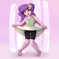 Size: 4000x4000 | Tagged: safe, artist:potato22, pipp petals, pegasus, anthro, plantigrade anthro, g5, absurd resolution, clothes, compression shorts, eyebrows, eyebrows visible through hair, female, looking at you, mare, multiple variants, open mouth, open smile, signature, skirt, skirt lift, smiling, smiling at you, solo, wings