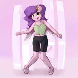 Size: 4000x4000 | Tagged: safe, alternate version, artist:potato22, pipp petals, pegasus, anthro, plantigrade anthro, g5, absurd resolution, clothes, compression shorts, eyebrows, eyebrows visible through hair, female, looking at you, mare, midriff, multiple variants, open mouth, open smile, partially undressed, signature, smiling, smiling at you, solo, wings