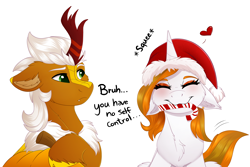 Size: 3000x2000 | Tagged: safe, artist:decemberbreeze, oc, oc only, oc:aurora shinespark, oc:verdant pyre, kirin, unicorn, :3, candy, candy cane, chest fluff, christmas, cloven hooves, dialogue, duo, ear fluff, ear piercing, earring, eyeshadow, female, floppy ears, food, happy, hat, heart, holiday, horn, jewelry, kirin oc, makeup, male, mare, no source available, piercing, pumpkin, santa hat, silly, simple background, squee, stallion, sternocleidomastoid, transparent background, unicorn oc