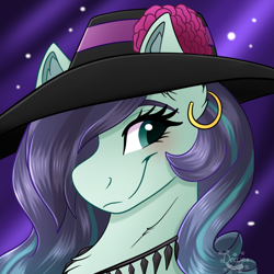 Size: 800x800 | Tagged: safe, artist:decemberbreeze, coloratura, earth pony, g4, alternate design, chest fluff, ear fluff, ear piercing, earring, female, gradient background, hat, jewelry, mare, no source available, piercing, signature, smiling, solo