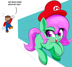 Size: 2996x2777 | Tagged: safe, artist:scandianon, oc, oc only, human, pony, accessory theft, angry, cap, colored hooves, female, hat, hooves, male, mare, mario, mario hat, mario's hat, raised fist, running, super mario bros.