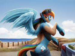 Size: 2000x1500 | Tagged: safe, artist:geoffrey mcdermott, rainbow dash, human, pegasus, pony, g4, beach, human to pony, looking back, mid-transformation, outdoors, solo, spread wings, sunglasses, sunglasses on head, transformation, wings