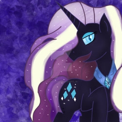 Size: 1024x1024 | Tagged: safe, artist:asinglepetal, nightmare rarity, rarity, pony, unicorn, g4, amethyst background, crystal background, darkened coat, deviantart watermark, diamond pupils, eyeshadow, female, horn, ipad, makeup, nightmarified, obtrusive watermark, open mouth, peytral, procreate, procreate app, raised leg, slit pupils, solo, starry hair, tumblr:a rarity of a nightmare, tumblr:ask nightmare rarity, watermark, white stripes