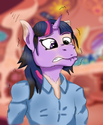 Size: 1442x1752 | Tagged: safe, artist:tf-plaza, twilight sparkle, human, pony, unicorn, g4, blurry background, bust, clothes, golden oaks library, horn, human to pony, mid-transformation, shirt, solo, transformation