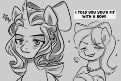 Size: 1620x1080 | Tagged: safe, artist:makaryo, opaline arcana, posey bloom, earth pony, pony, g5, alternate hairstyle, bow, bust, crossed hooves, duo, duo female, female, frown, gray background, grayscale, grin, hair bow, mare, monochrome, opaline arcana is not amused, simple background, smiling, unamused