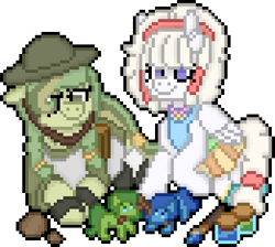 Size: 696x624 | Tagged: safe, alternate version, artist:bloonacorn, oc, oc:cloudy cushion, oc:mae baskets, earth pony, pegasus, apron, clothes, digital art, duo, earth pony oc, figurine, helmet, paintbrush, pegasus oc, pixel art, simple background, skirt, transparent background