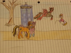 Size: 4608x3456 | Tagged: safe, artist:radiation_pony, amethyst star, dinky hooves, sparkler, oc, oc:radium, oc:rubidium, pegasus, pony, unicorn, g4, canon x oc, clothes, doctor who, horn, lined paper, outdoors, scarf, socks, tardis, traditional art, winter, winter outfit