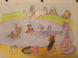 Size: 4608x3456 | Tagged: safe, artist:radiation_pony, amethyst star, cloudchaser, derpy hooves, dinky hooves, flitter, sparkler, thunderlane, oc, oc:radium, oc:rubidium, pegasus, pony, unicorn, g4, horn, lined paper, outdoors, swimming, traditional art