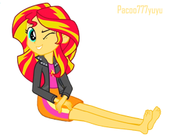 Size: 1374x1106 | Tagged: safe, artist:paco777yuyu, sunset shimmer, human, equestria girls, g4, bare legs, barefoot, cute, feet, female, looking at you, one eye closed, shimmerbetes, simple background, sitting, smiling, solo, transparent background, wink, winking at you