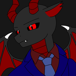 Size: 615x618 | Tagged: safe, artist:fsnyion, oc, oc only, demon, bust, clothes, horns, portrait, red and black oc, solo, suit