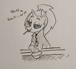 Size: 2048x1869 | Tagged: safe, artist:pony quarantine, oc, oc only, oc:dyx, alicorn, pony, bedroom eyes, candy, female, filly, foal, food, grayscale, lollipop, monochrome, mouth hold, pencil drawing, solo, talking to viewer, traditional art