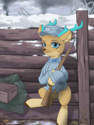 Size: 3000x4000 | Tagged: safe, artist:闪电_lightning, oc, oc only, oc:elain olsen, deer, reindeer, equestria at war mod, antlers, blue eyes, clothes, doe, ear fluff, female, gun, looking at you, olenia, outdoors, rifle, snow, solo, trench, trenchcoat, weapon