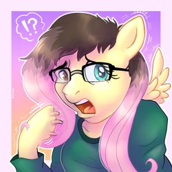 Size: 1995x1995 | Tagged: safe, artist:tf4me, fluttershy, human, pegasus, pony, g4, bust, clothes, exclamation point, female, glasses, human to pony, interrobang, mid-transformation, open mouth, question mark, solo, surprised, transformation