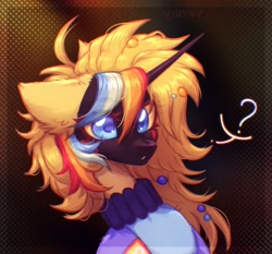 Size: 1490x1389 | Tagged: safe, artist:viryav, oc, oc only, pony, unicorn, accessory, blue eyes, blue sweater, clothes, colored pupils, dark background, eye clipping through hair, eyebrows, female, gradient background, horn, mare, mare oc, multicolored hair, question mark, rainbow hair, shiny mane, signature, sketch, solo, surprised face, sweater, yellow body, yellow eyes, yellow hair