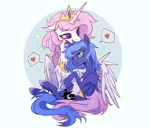 Size: 1832x1558 | Tagged: safe, artist:qswomozi, princess celestia, princess luna, alicorn, pony, g4, :d, circle background, crown, dishevelled, female, full body, hug, jewelry, looking at each other, looking at someone, mare, open mouth, open smile, pink-mane celestia, regalia, royal sisters, siblings, sisters, sitting, skinny, smiling, sparkles, speech bubble, spoken heart, spread wings, thin, winghug, wings, younger