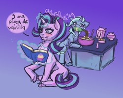 Size: 1920x1536 | Tagged: safe, artist:an25darkking, starlight glimmer, trixie, pony, unicorn, g4, book, bottle, bowl, cookbook, duo, duo female, female, glowing, glowing horn, gradient background, horn, inconvenient trixie, levitation, magic, mare, mixing bowl, mouth hold, pouring, reading, spanish, telekinesis, this will end in tears, translated in the comments, vanilla extract