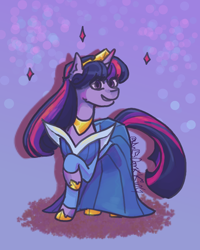 Size: 3200x4000 | Tagged: safe, artist:an25darkking, twilight sparkle, pony, unicorn, g4, clothes, crown, disney, dress, female, gown, gradient background, grin, high res, hoof shoes, jewelry, mare, princess aurora, princess shoes, raised hoof, regalia, signature, sleeping beauty, smiling, solo, sparkles, unicorn twilight