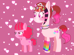 Size: 2048x1536 | Tagged: safe, artist:lnx1ynight16, oc, oc:bubblegum, oc:confetti kei, earth pony, pony, >:), clothes, curly mane, eyeliner, fairy kei, female, filly, foal, freckles, hair accessory, jewelry, looking at something, makeup, mare, necklace, shocked, siblings, sisters, stockings, thigh highs