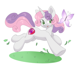 Size: 3351x2969 | Tagged: safe, artist:lil_chif, sweetie belle, butterfly, pony, unicorn, g4, cute, diasweetes, female, grass, horn, smiling, solo