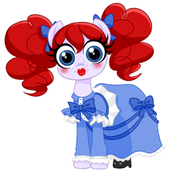 Size: 4000x4000 | Tagged: safe, artist:wtfponytime, pony, blushing, bow, clothes, crossover, dress, female, filly, foal, freckles, frilly dress, hair bow, high heels, lipstick, looking at you, pigtails, ponified, poppy (poppy playtime), poppy playtime, red mane, shoes, simple background, solo, staring into your soul, white background