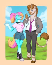 Size: 1650x2048 | Tagged: safe, artist:birdoffnorth, oc, oc only, oc:classy straps, oc:country curves, earth pony, zebra, zebracorn, anthro, unguligrade anthro, anthro oc, choker, clothes, converse, duo, earth pony oc, female, height difference, looking at each other, looking at someone, male, necktie, oc x oc, outdoors, passepartout, shipping, shoes, shorts, straight, suit, talking, walking