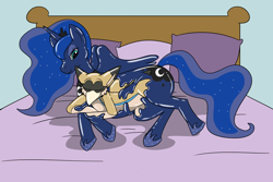 Size: 1280x853 | Tagged: safe, artist:fox0808, princess luna, oc, alicorn, griffon, pony, absorption, bed, bondage, encasement, griffon oc, indoors, latex, latex griffon, living clothes, living latex, living suit, lying down, plushie, prone, sleeping