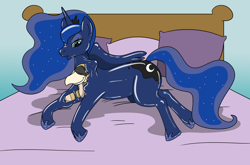 Size: 1280x846 | Tagged: safe, artist:fox0808, princess luna, oc, alicorn, griffon, pony, absorption, bed, bondage, encasement, griffon oc, indoors, latex, living clothes, living latex, living suit, lying down, plushie, prone, sleeping