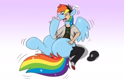 Size: 2048x1357 | Tagged: safe, artist:fox0808, rainbow dash, human, pegasus, pony, g4, clothes, featureless crotch, gradient background, human to pony, open mouth, sitting, solo, sparkles, tongue out, torn clothes, transformation