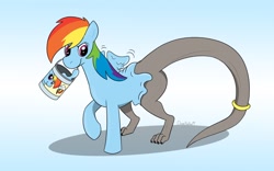 Size: 1280x800 | Tagged: safe, artist:fox0808, part of a set, rainbow dash, pegasus, pony, g4, furry, furry to pony, gradient background, mouth hold, paint, paint bucket, paint tf, solo, transformation