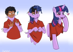 Size: 2048x1465 | Tagged: safe, artist:fox0808, twilight sparkle, oc, oc:acesential, goo, human, pony, unicorn, bondage, bust, clothes, encasement, gradient background, heart, human to pony, shirt, transformation, transformation sequence, unicorn twilight