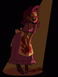 Size: 1536x2048 | Tagged: safe, artist:kelseyanimated, pinkie pie, human, fanfic:cupcakes, g4, apron, blood, clothes, female, humanized, open mouth, pinpoint eyes, smiling, solo, spotlight