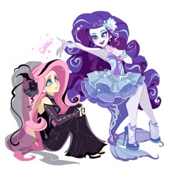 Size: 1456x1507 | Tagged: safe, artist:libbly_libby, fluttershy, rarity, human, equestria girls, g4, alternate hairstyle, armpits, bare shoulders, beauty mark, blushing, breasts, busty fluttershy, busty rarity, clothes, costume, dress, duo, duo female, ear piercing, earring, eyeshadow, fangs, female, flutterbat costume, glitter, hairband, halloween, halloween costume, high heels, jewelry, lipstick, makeup, nail polish, nightmare night costume, open mouth, piercing, rarity's mermaid dress, ring, shoes