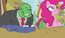 Size: 3129x1857 | Tagged: safe, artist:maretheory.exe, pinkie pie, oc, oc:anon, human, pony, g4, duo, eating, egg, female, human and pony, human male, male, mare, meme, nervous, outdoors, ponified, ponified scene, sweat, the rescuers down under