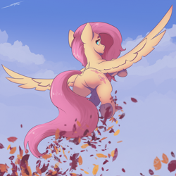 Size: 3000x3000 | Tagged: safe, artist:skitsroom, fluttershy, pegasus, pony, g4, butt, butt focus, dock, featureless crotch, female, flutterbutt, flying, high res, long tail, mare, outdoors, plot, rear view, signature, solo, spread wings, tail, underhoof, wings