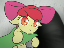 Size: 1560x1177 | Tagged: safe, artist:maretheory.exe, apple bloom, oc, oc:anon, earth pony, human, pony, g4, :<, apple bloom's bow, bow, female, filly, foal, hair bow, holding a pony, looking at you, meme