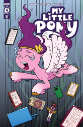 Size: 2063x3131 | Tagged: safe, artist:pony-berserker, idw, official comic, pipp petals, pegasus, pony, g5, official, spoiler:comic, spoiler:g5comic, spoiler:g5comic04, cellphone, comic cover, computer, cover, cover art, crying, falling, female, high res, laptop computer, mare, microphone, my little pony logo, phone, solo, text