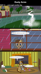 Size: 1920x3516 | Tagged: safe, artist:platinumdrop, derpy hooves, doctor whooves, time turner, oc, oc:dusty hooves, earth pony, pegasus, pony, comic:dusty acres, series:technoverse, g4, 3 panel comic, canon, comforting, comic, crying, dialogue, female, filly, foal, lightning, male, pointing, rain, sitting, speech bubble, stallion, standing, thunderstorm, toy, younger